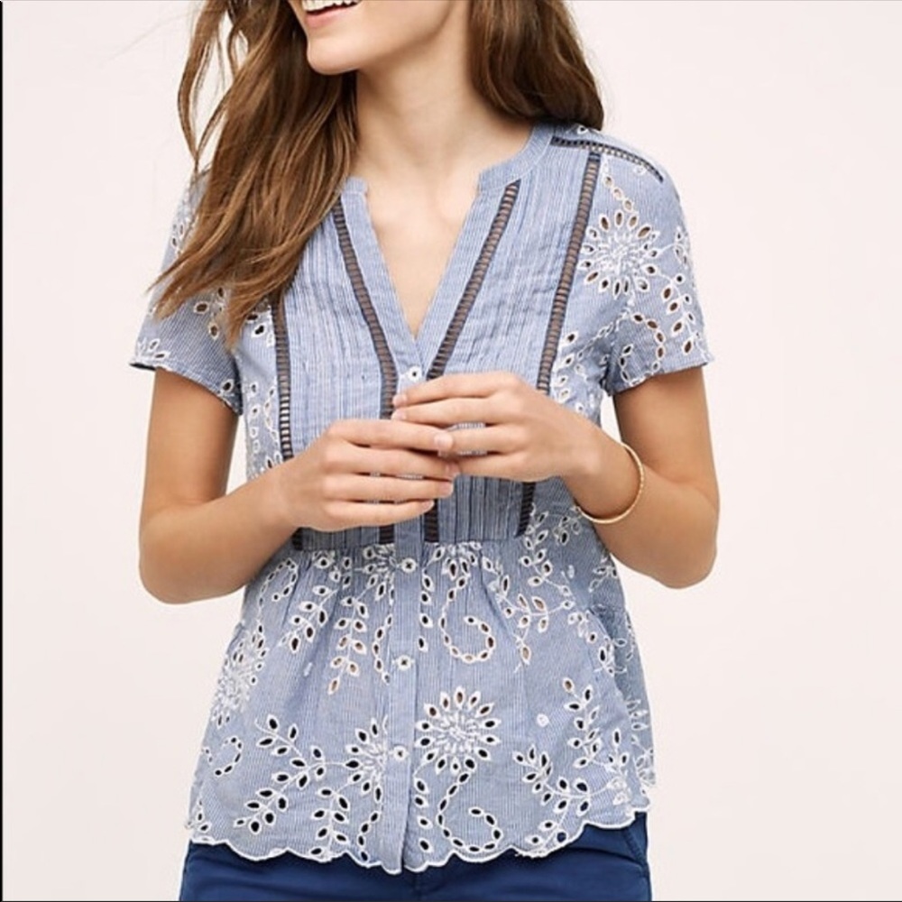 Anthropologie Holding Horses Blue Eyelet Blouse
